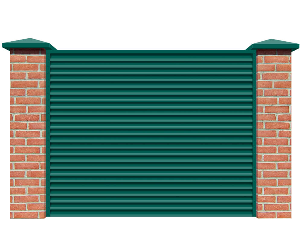 Секция забора жалюзи из ламелей Жалюзи ЭКО-Z RAL6026 Опал с кирпичными столбами анфас