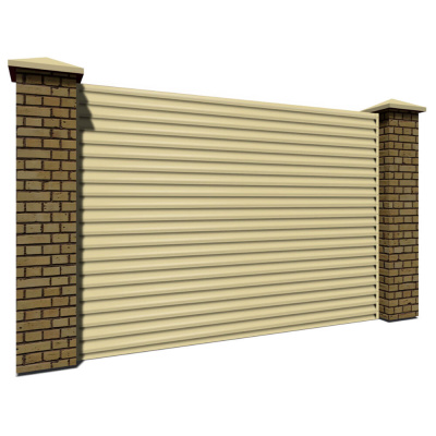 Секция забора жалюзи из ламелей еврожалюзи RAL1014 Бежевый с кирпичными столбами